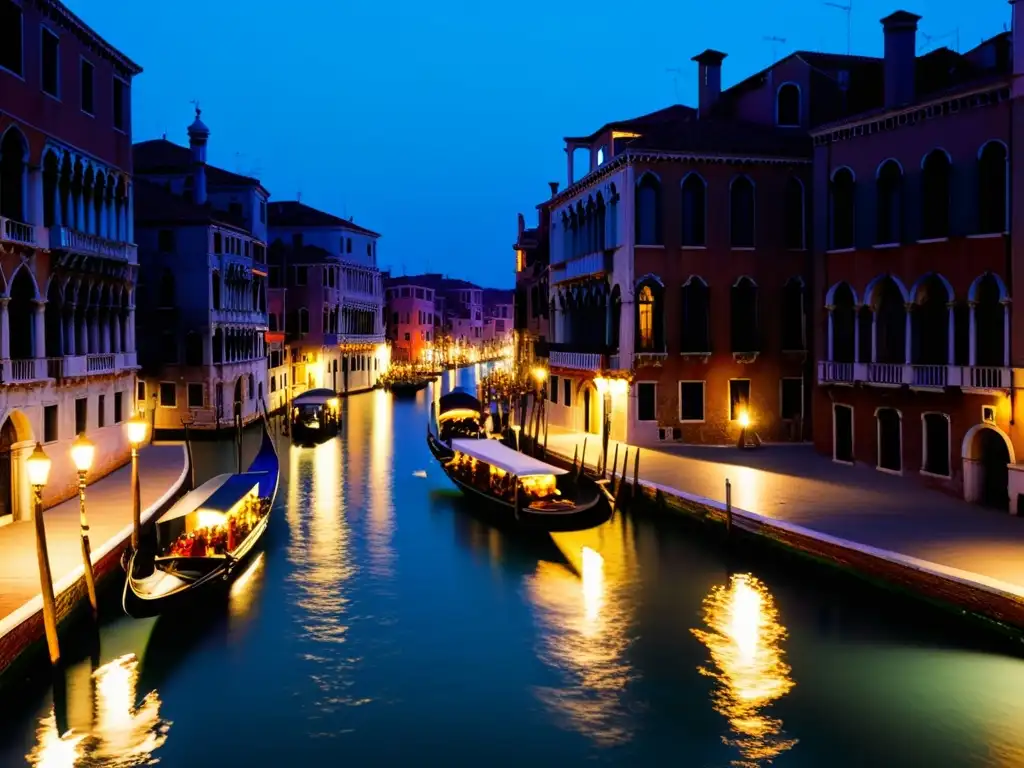 Romántica escena nocturna en los canales de Venecia, con góndolas deslizándose suavemente en el agua, reflejando siluetas en las ondulantes aguas