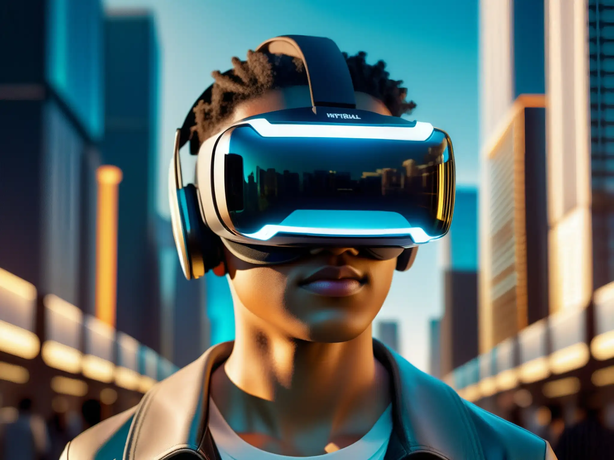Un rostro asombrado reflejado en las lentes de un visor de realidad virtual, con una ciudad futurista en el fondo