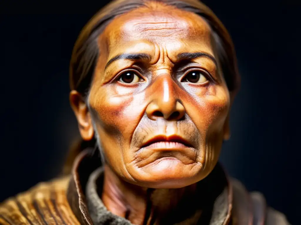 El rostro bien conservado del Hombre de Hielo Ötzi revela una piel envejecida y una mirada penetrante, contrastando con el entorno cálido