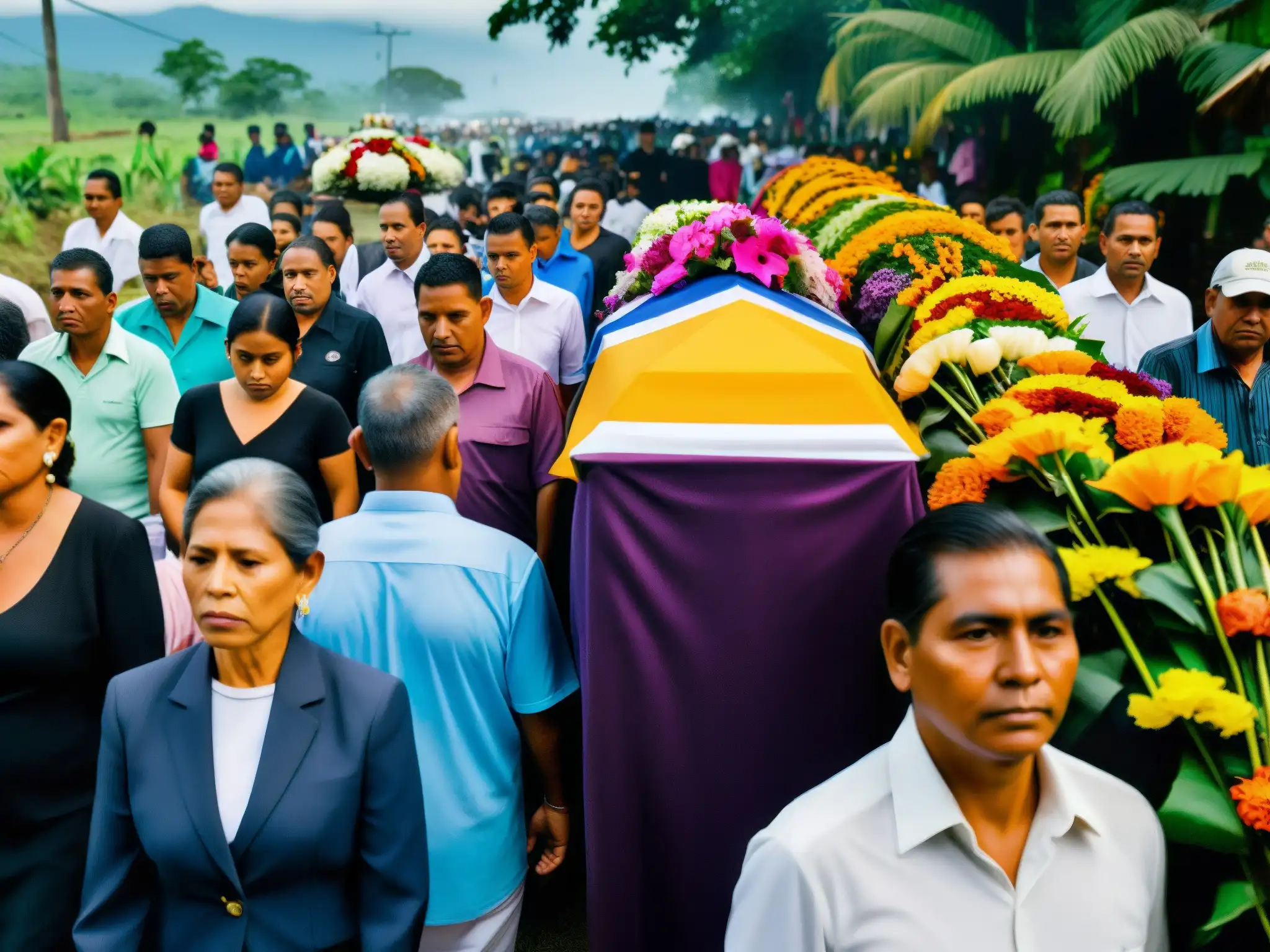 Procesión fúnebre en Centroamérica, con rostros serios, colores vibrantes de los féretros y flores, y la comunidad unida