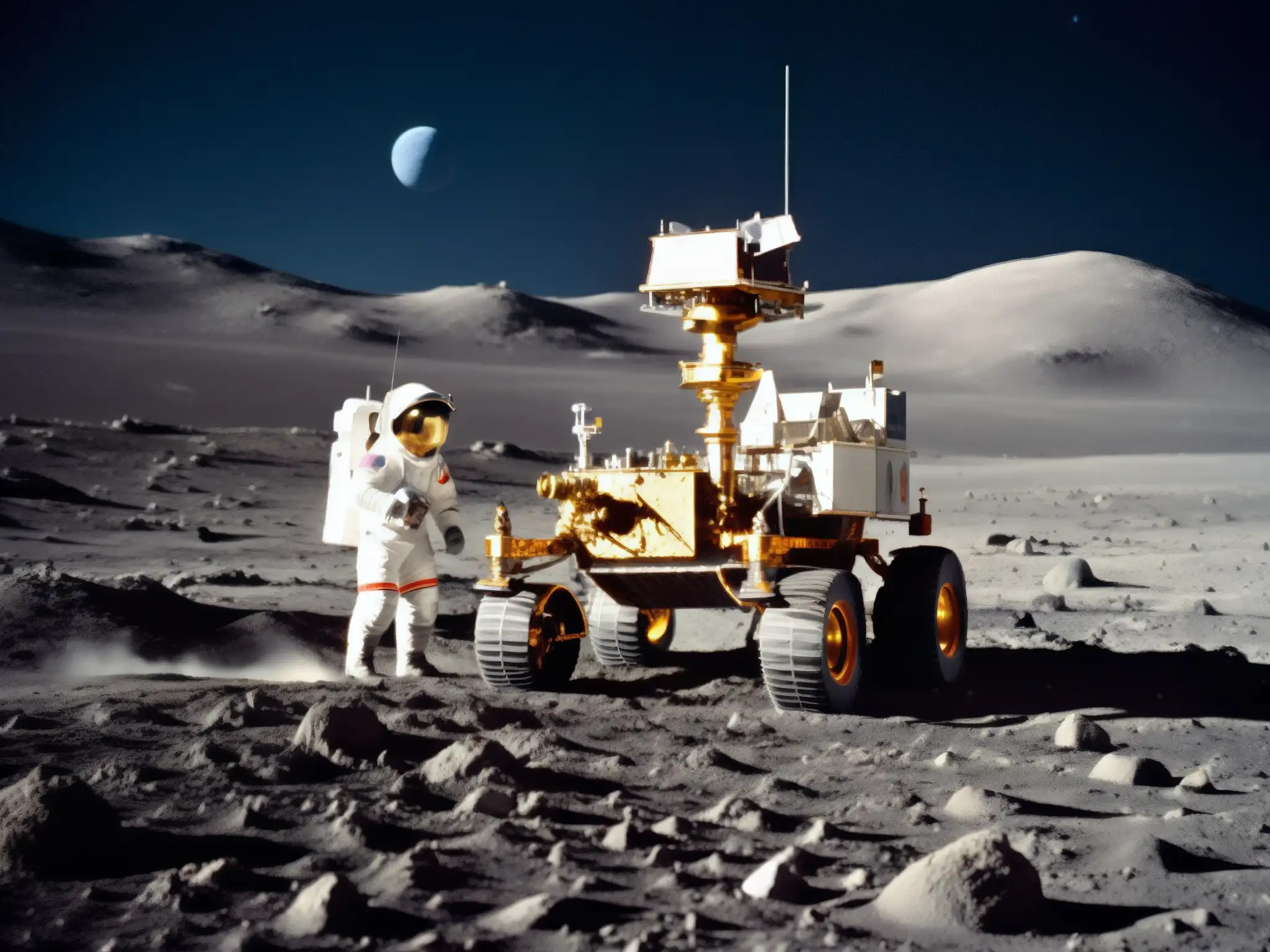 Un rover lunar atraviesa el terreno rocoso, con la Tierra de fondo y un astronauta realizando experimentos