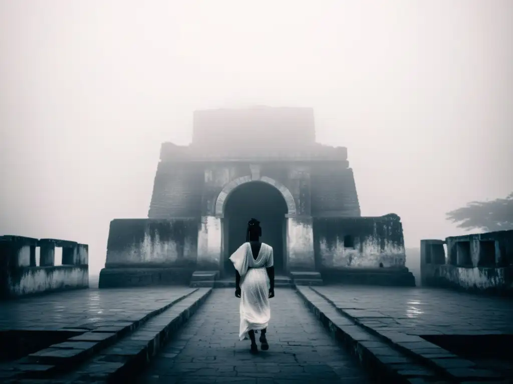 Ruinas ancestrales de Abomey, Benin, en la niebla con La Llorona de Abomey leyenda urbana, creando un ambiente misterioso y sobrenatural