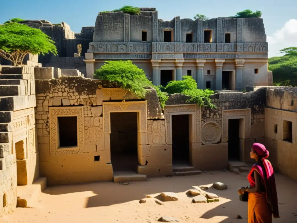 Ruinas ancestrales en Mogadiscio con mitos y leyendas urbanas, misterio y arte tallado en piedra, bañados por la luz del sol