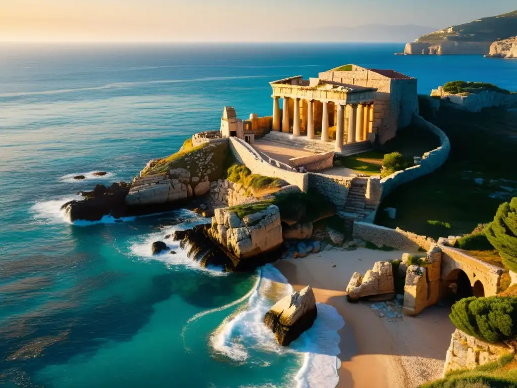 Ruinas antiguas en la costa del Mediterráneo, bañadas por cálida luz dorada, revelan conexiones de la Atlántida con Europa