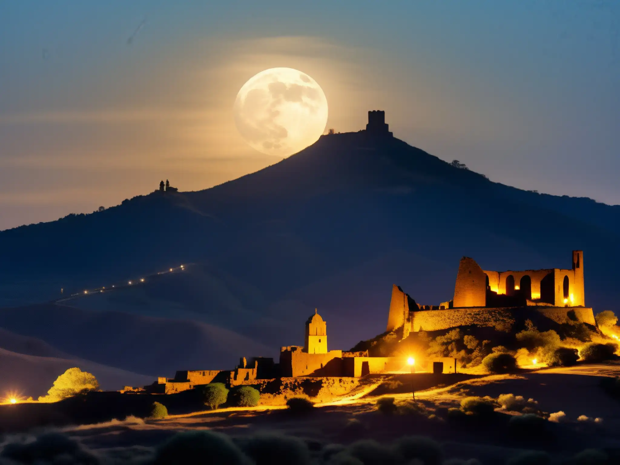 Ruinas antiguas en la noche iluminada por la luna en el Cerro de la Bufa, evocando misterio y fantasmas en Zacatecas
