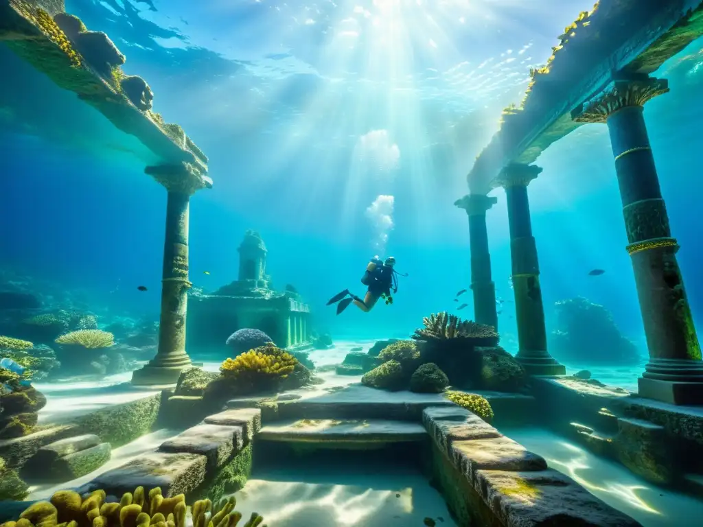 Ruinas antiguas sumergidas en agua cristalina, rodeadas de coral y vida marina colorida, evocando la influencia de leyendas antiguas y relatos urbanos