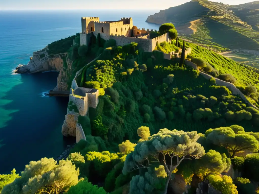 Ruinas de un antiguo castillo en un acantilado sobre el mar Mediterráneo en Sicilia, bañadas por la luz cálida del atardecer