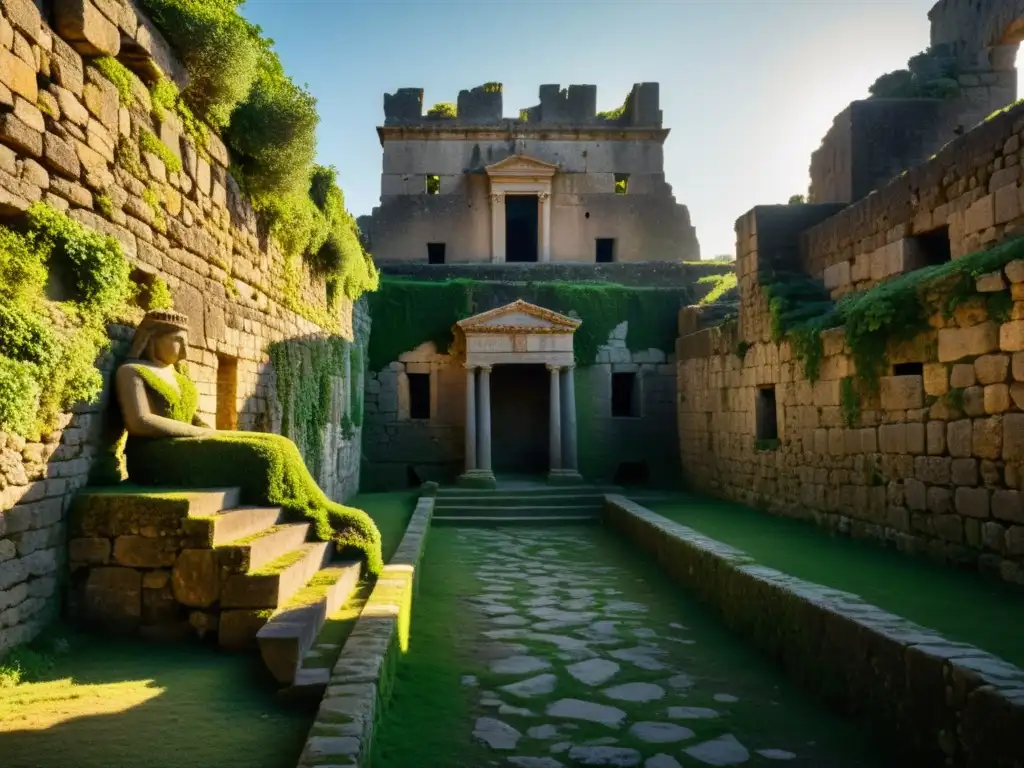 Ruinas de un antiguo castillo en Sicilia, con atmósfera misteriosa y eerie, cubierto de enredaderas y musgo