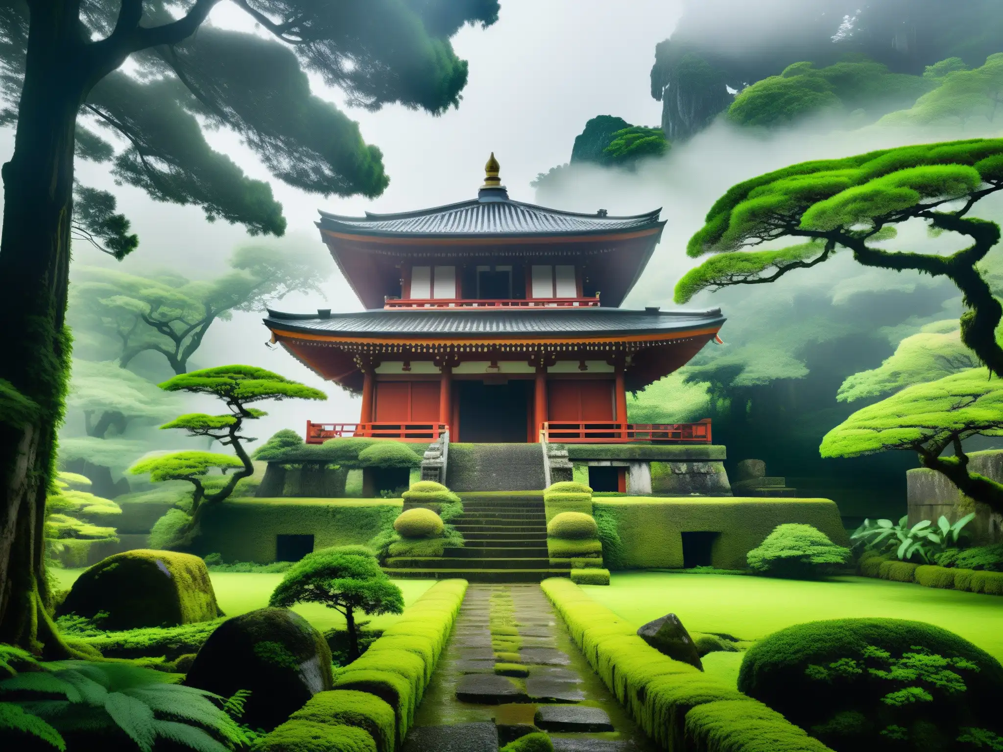 Ruinas del antiguo templo japonés cubiertas de vegetación exuberante y rodeadas de neblina, evocando la leyenda urbana de Taira no Masakado en Tokio