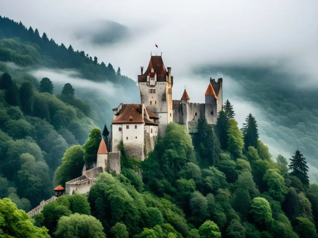 Ruinas del Castillo de Bran en Rumania, envuelto en niebla y bosques oscuros