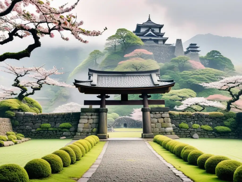 Ruinas de castillo japonés con árboles de cerezo en flor y montañas neblinosas, evocando el misterio del samurai fantasma Taira no Masakado