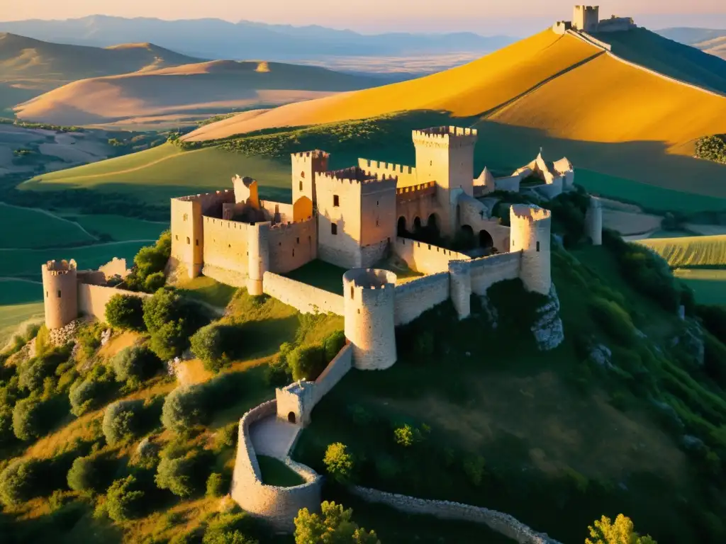 Ruinas del castillo de la leyenda de Princesa Peralta en Aragón, bañadas por la cálida luz del atardecer