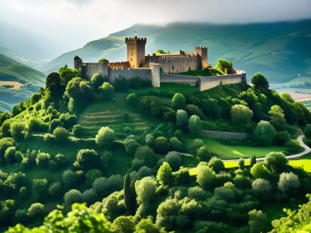 Ruinas de un castillo en Arintero España, evocando la misteriosa leyenda de La Dama de Arintero en un entorno medieval y exuberante