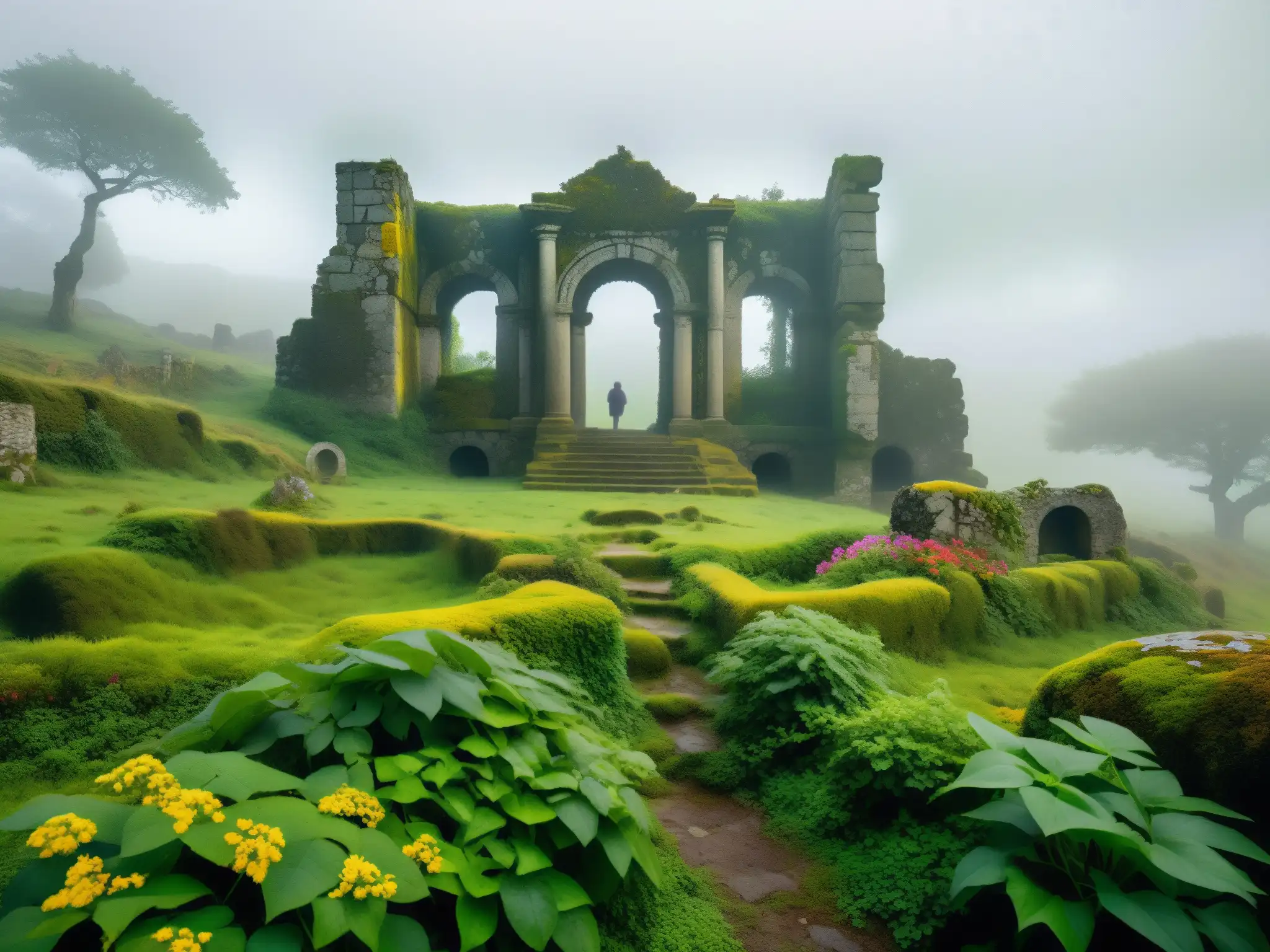 Ruinas celtas cubiertas de musgo en un bosque neblinoso en Portugal, rodeadas de vegetación exuberante y flores silvestres