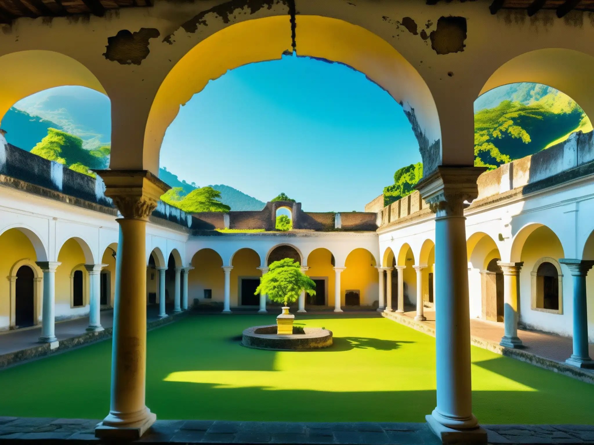 Ruinas del Convento de las Capuchinas en Antigua Guatemala, con arcos blancos y muros en ruinas entre vegetación exuberante
