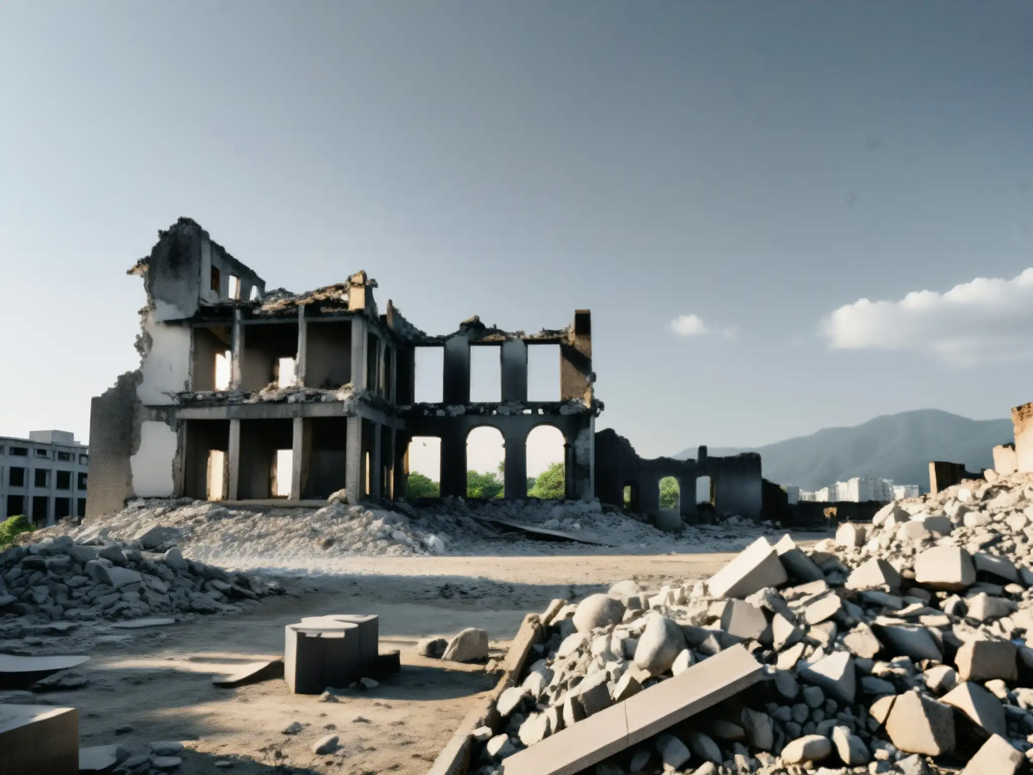 Ruinas en Hiroshima, con la sombría silueta de la estructura y la presencia fantasmal