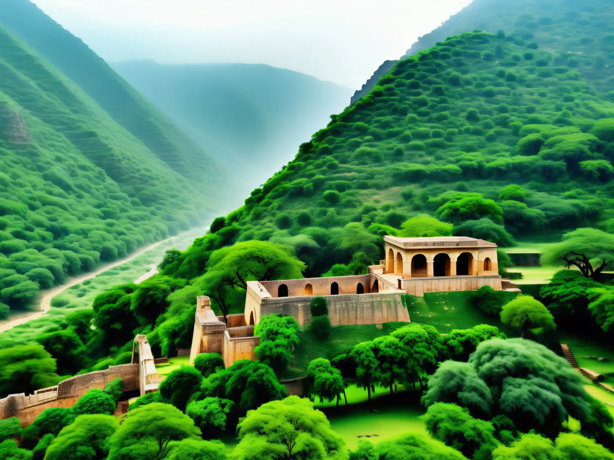 Ruinas del majestuoso Fuerte de Bhangarh rodeadas de exuberante vegetación, con una atmósfera mística