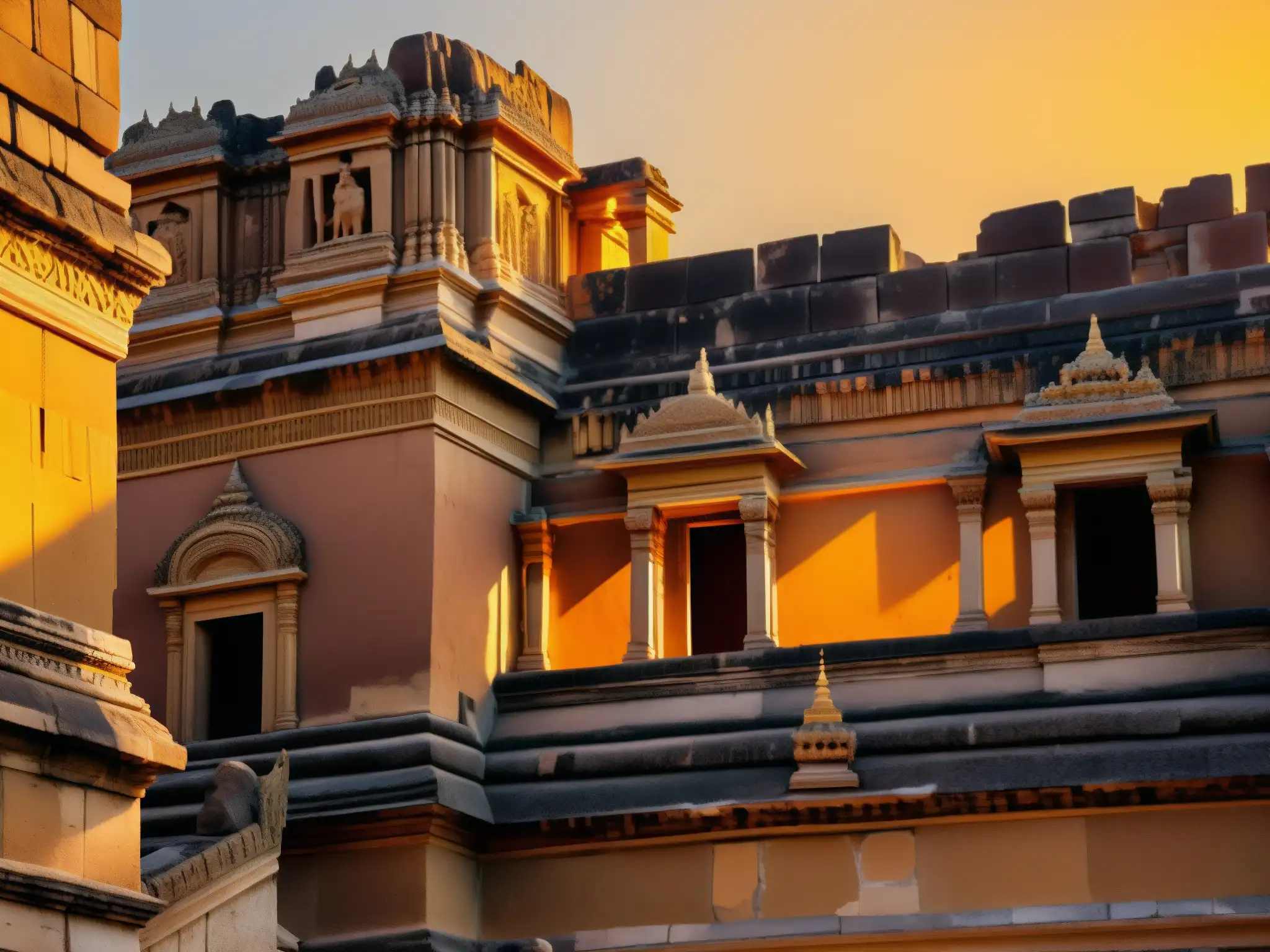 Ruinas del palacio del Rey Vikramaditya bañadas en la luz dorada del atardecer, evocando la leyenda y los espíritus misteriosos de la verdad