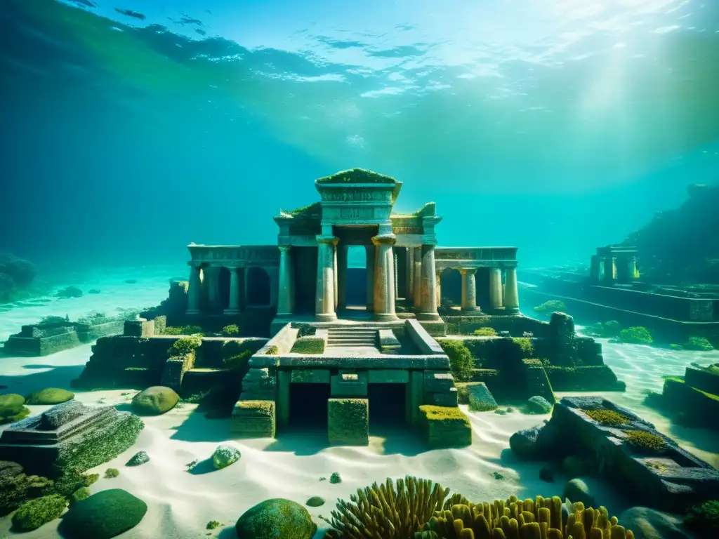 Ruinas sumergidas de la Atlántida en Europa, rodeadas de vida marina y aguas cristalinas, evocando su enigmática historia