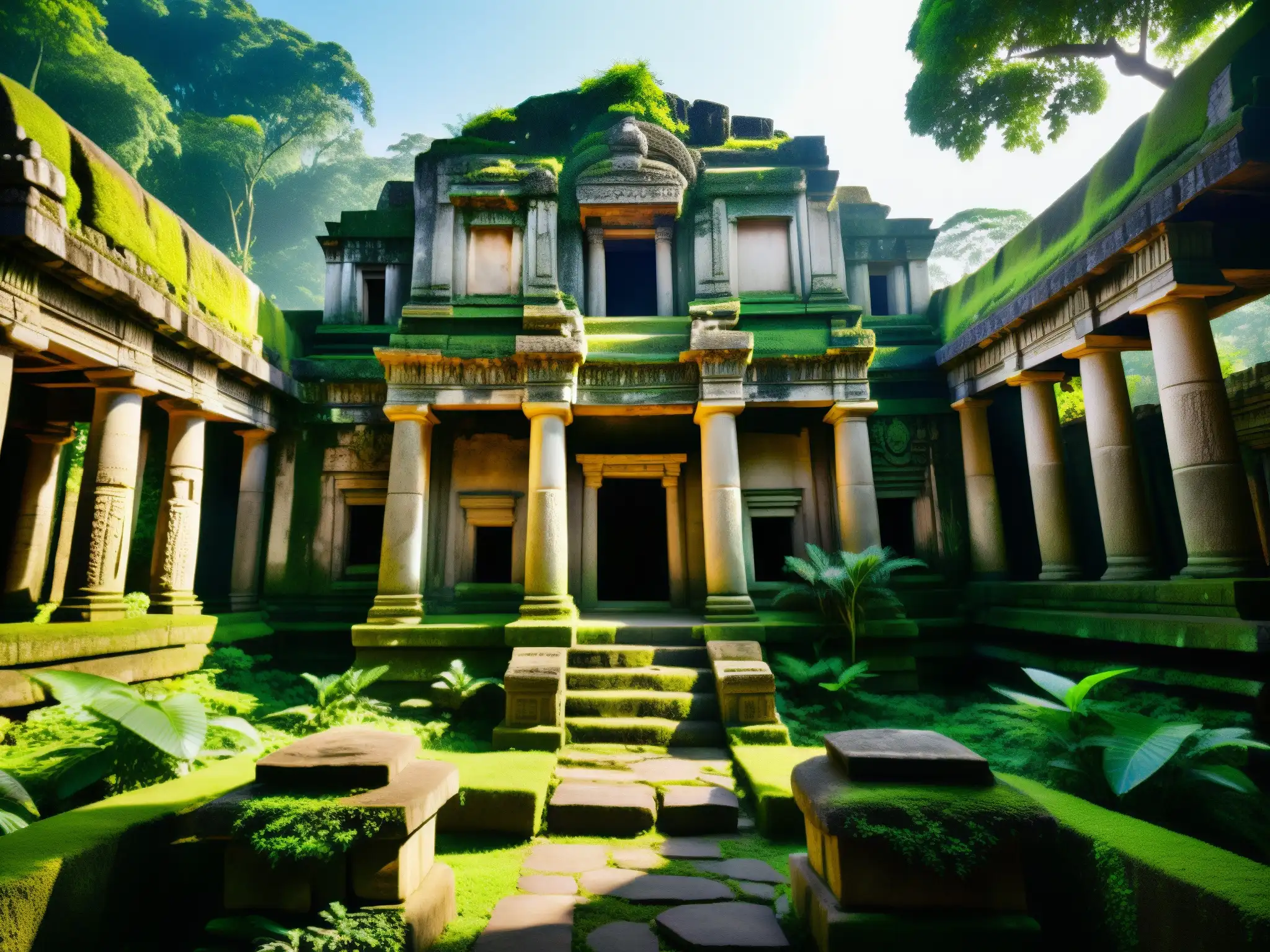 Ruinas del templo antiguo en la exuberante jungla, con carvings intrincados y piedra gastada