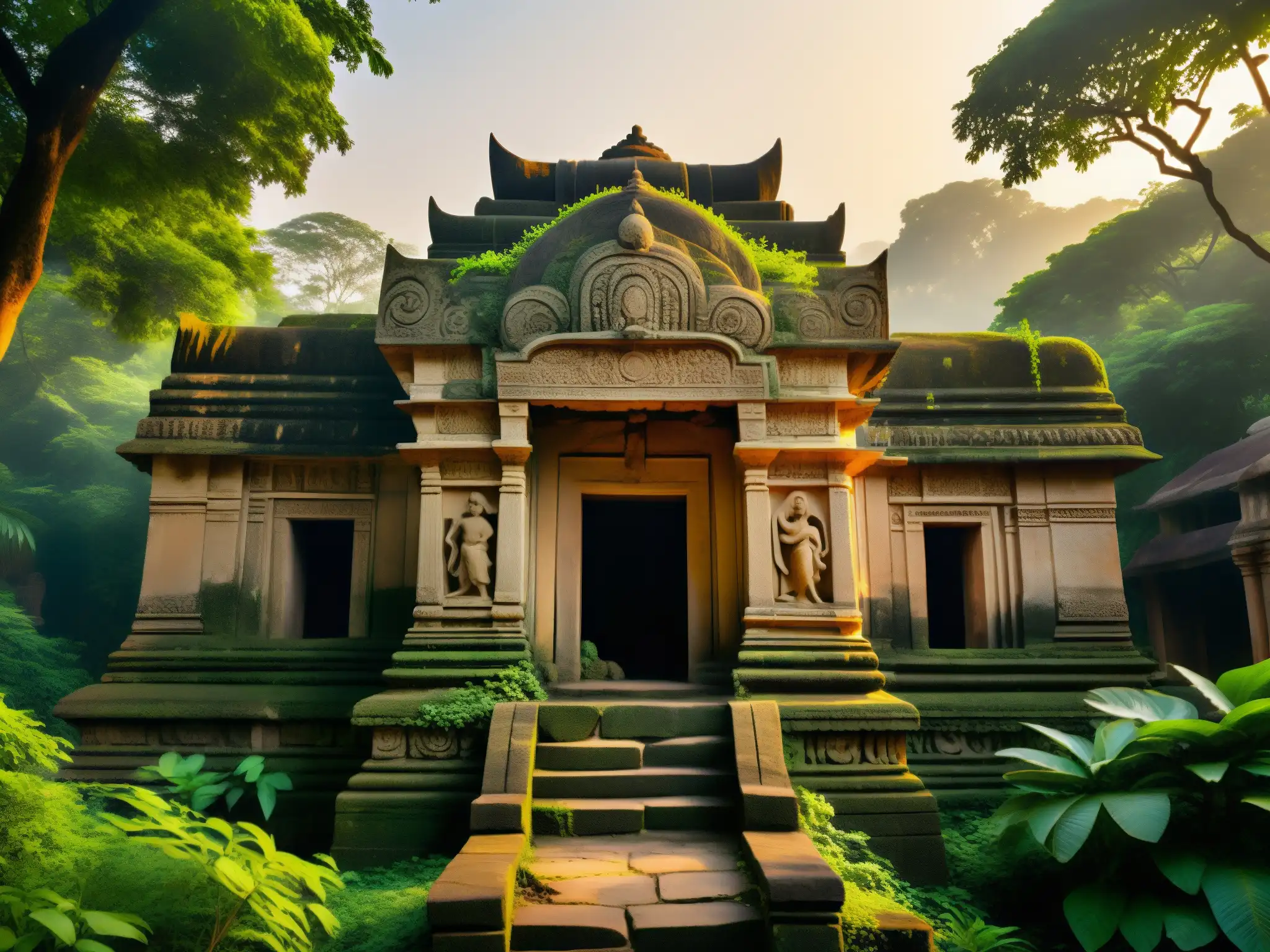 Ruinas de templo antiguo en la exuberante jungla de la India, bañadas por la cálida luz del atardecer