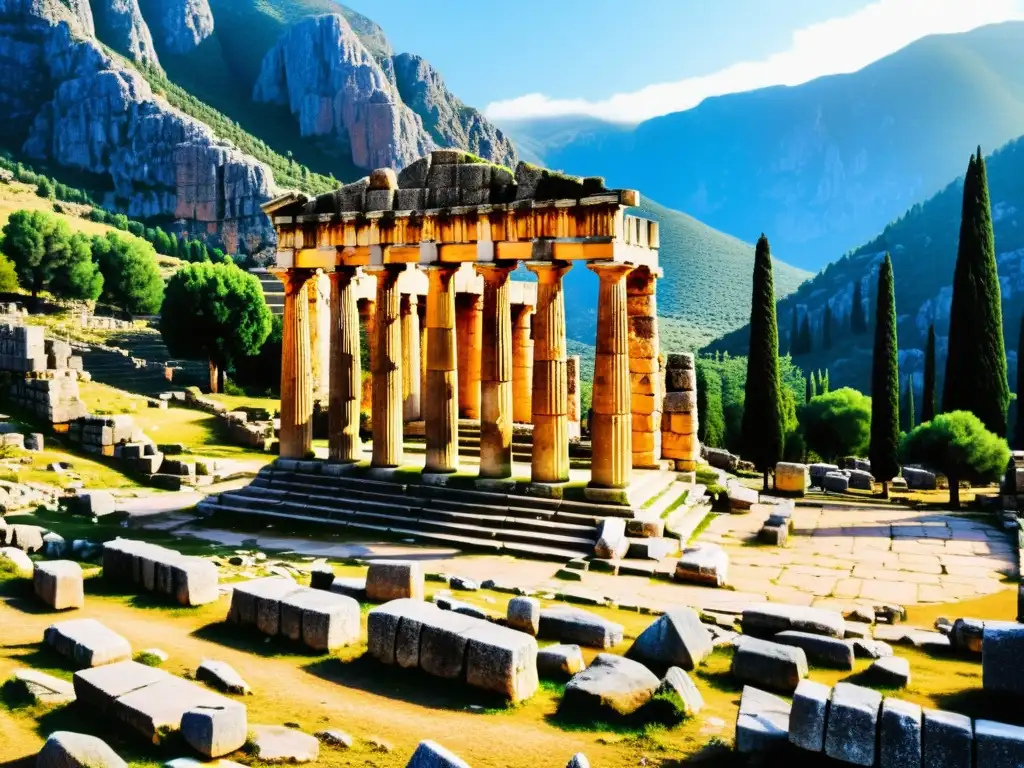 Ruinas del Templo de Apolo en Delfos, con detalles intrincados de las columnas de piedra desgastadas