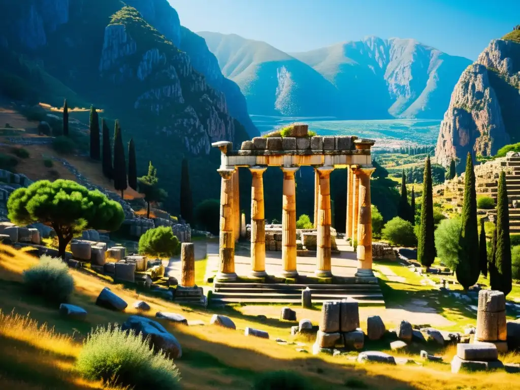 Ruinas del Templo de Apolo en Delfos con el imponente Monte Parnaso al fondo, bañadas por la luz dorada, rodeadas de exuberante vegetación