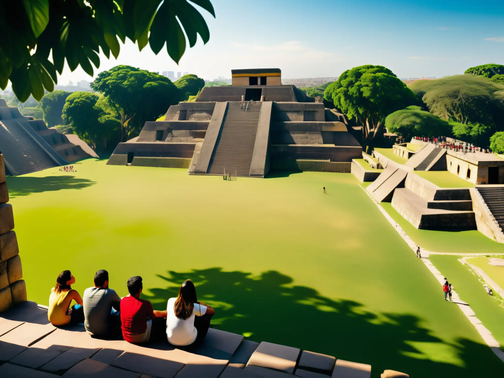 Ruinas de Tenochtitlan con templos aztecas rodeados de vegetación exuberante