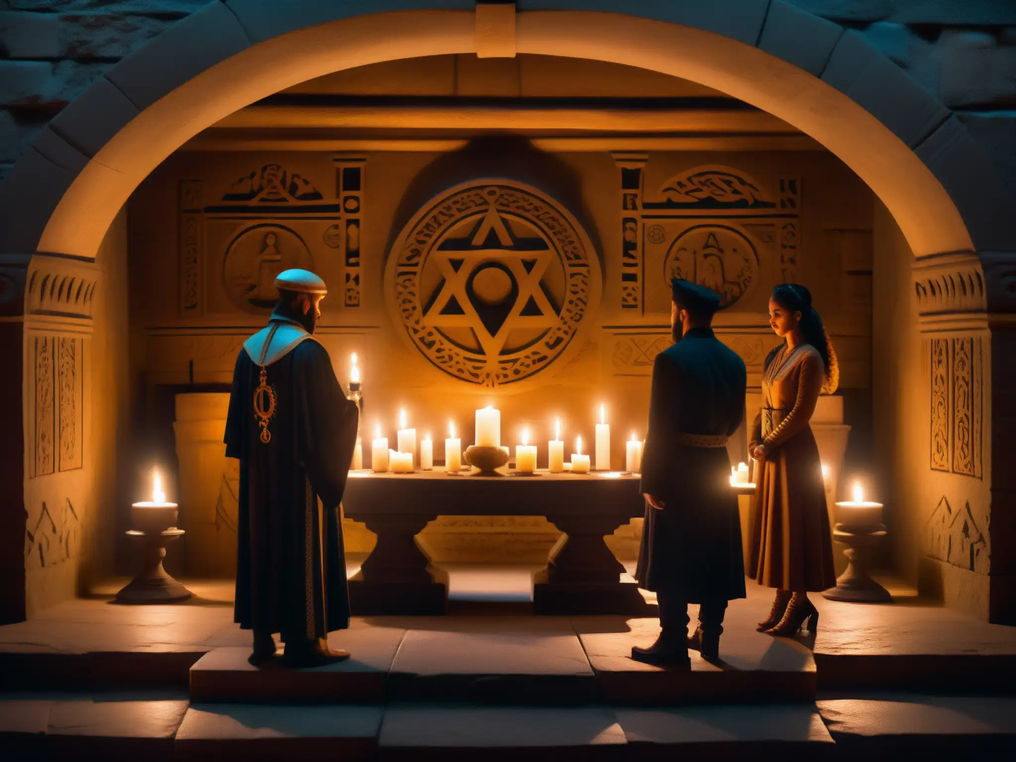 Rumores de rituales ocultistas élite: misteriosa reunión alrededor de un altar con símbolos grabados, velas y figuras en penumbra