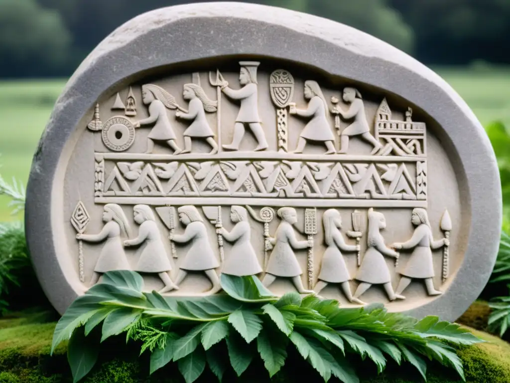 Runas antiguas talladas en piedra muestran rituales de fertilidad en culto secreto a Frey en Suecia, rodeadas de exuberante vegetación
