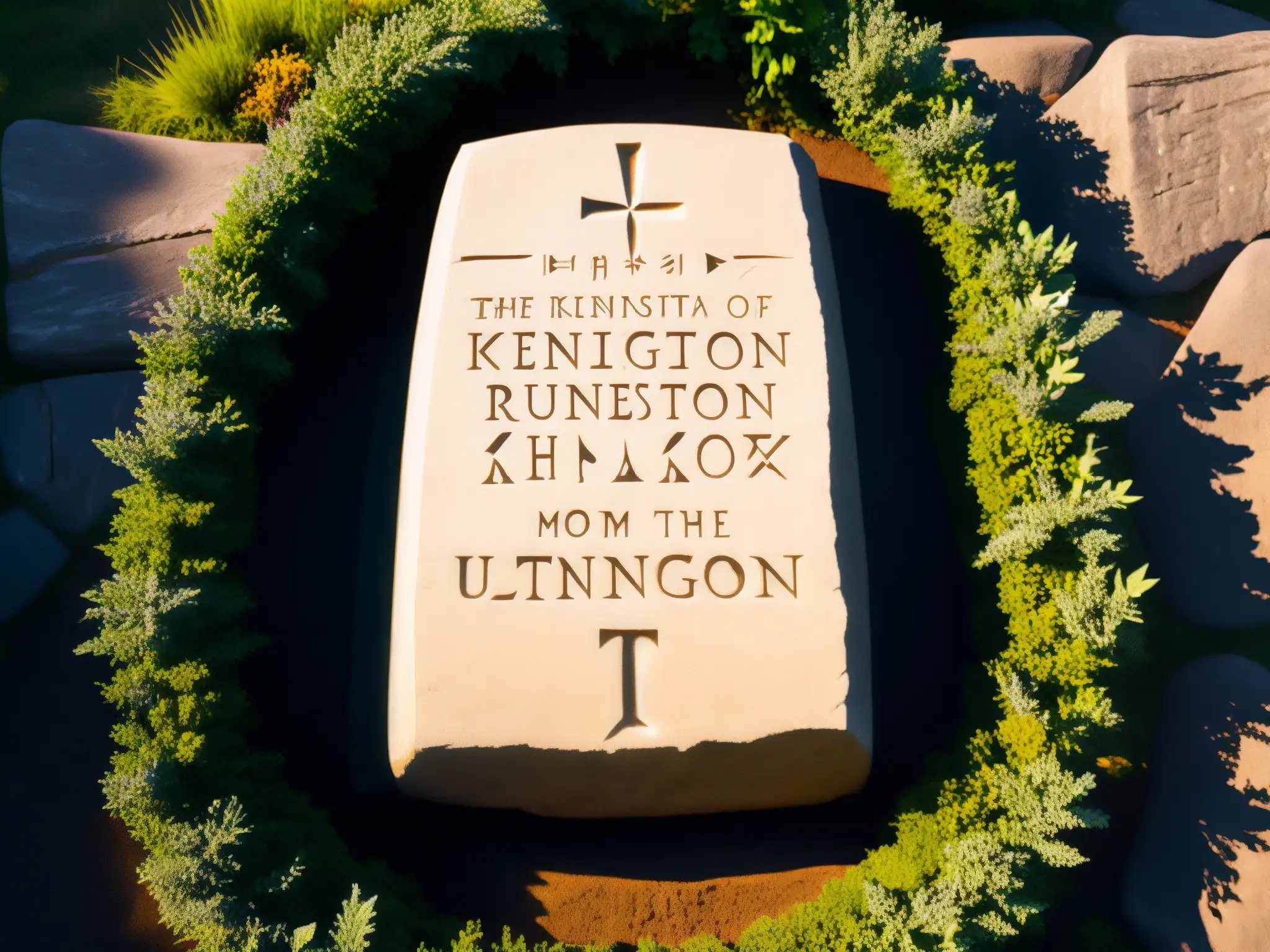 Runestone de Kensington con misteriosas escrituras nórdicas, detalladas y misteriosas, bajo la luz del sol en Minnesota