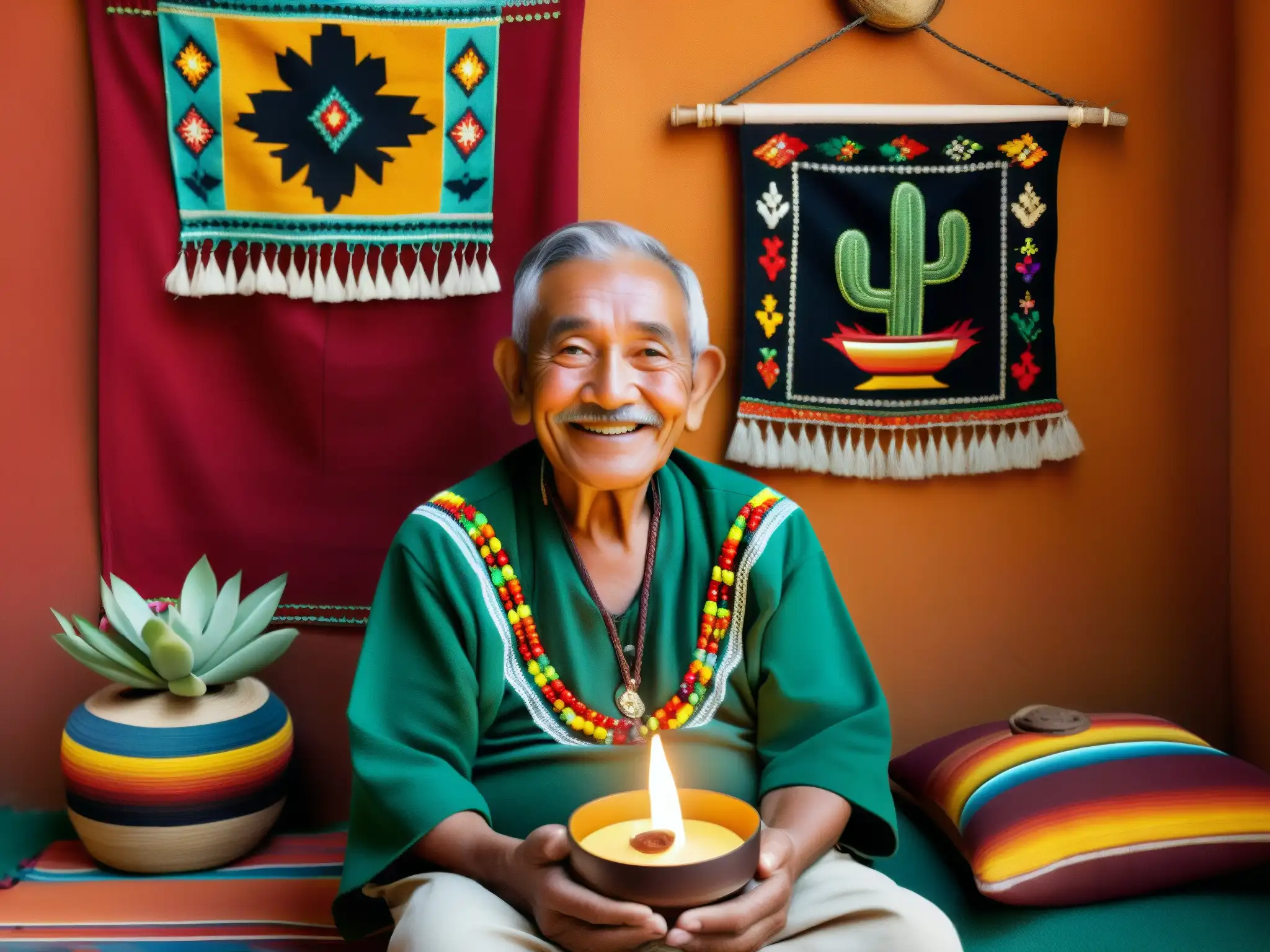 Un sabio hombre anciano medita en una habitación humilde iluminada por velas, rodeado de arte folclórico mexicano