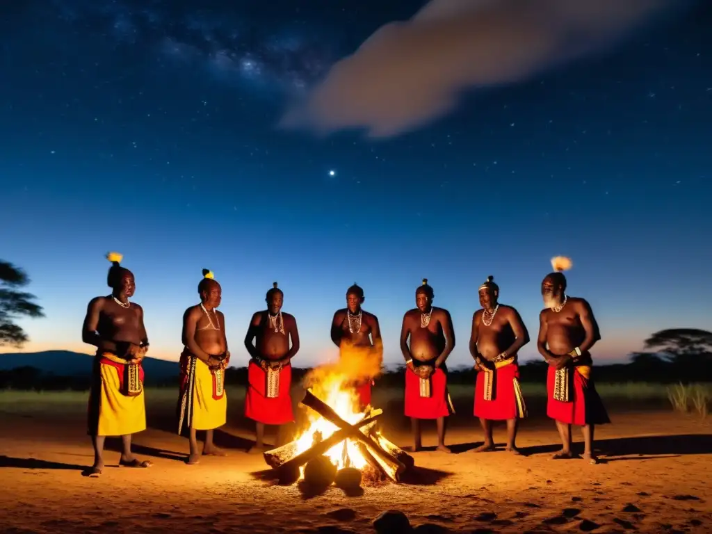 Los sabios Espíritus Guardianes Kimambo Tanzania danzan alrededor del fuego bajo un cielo estrellado, envueltos en tradición y misterio