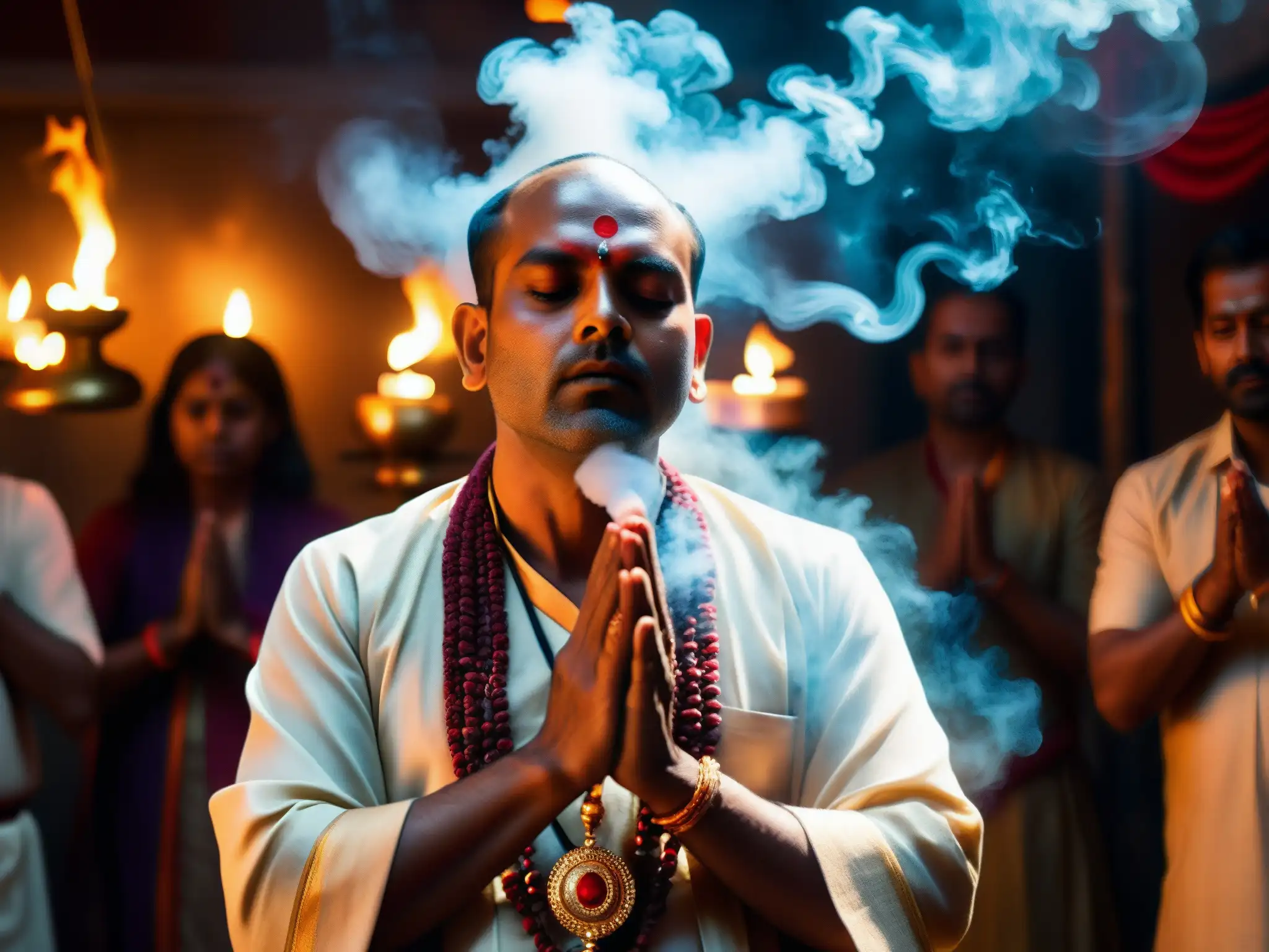 Un sacerdote hindú realiza un exorcismo entre humo de incienso y luz de velas, enfrentando posesiones demoníacas tradicionales hindúes