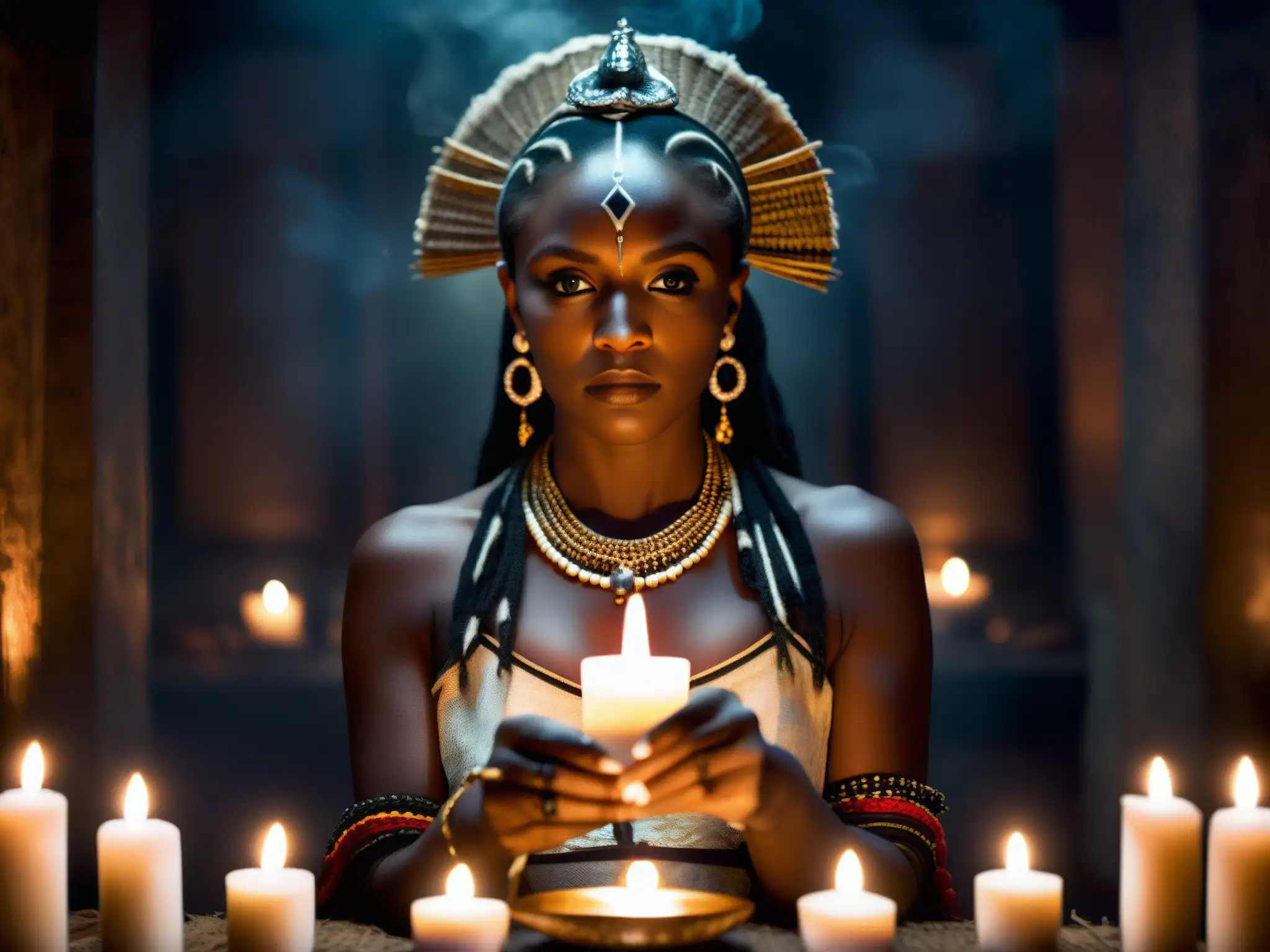 Una sacerdotisa vudú en Nueva Orleans realiza un ritual con velas, incienso y artefactos simbólicos en un ambiente misterioso y encantador
