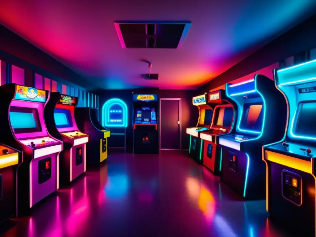 Una sala de arcade tenue con máquinas retro iluminadas por luces de neón