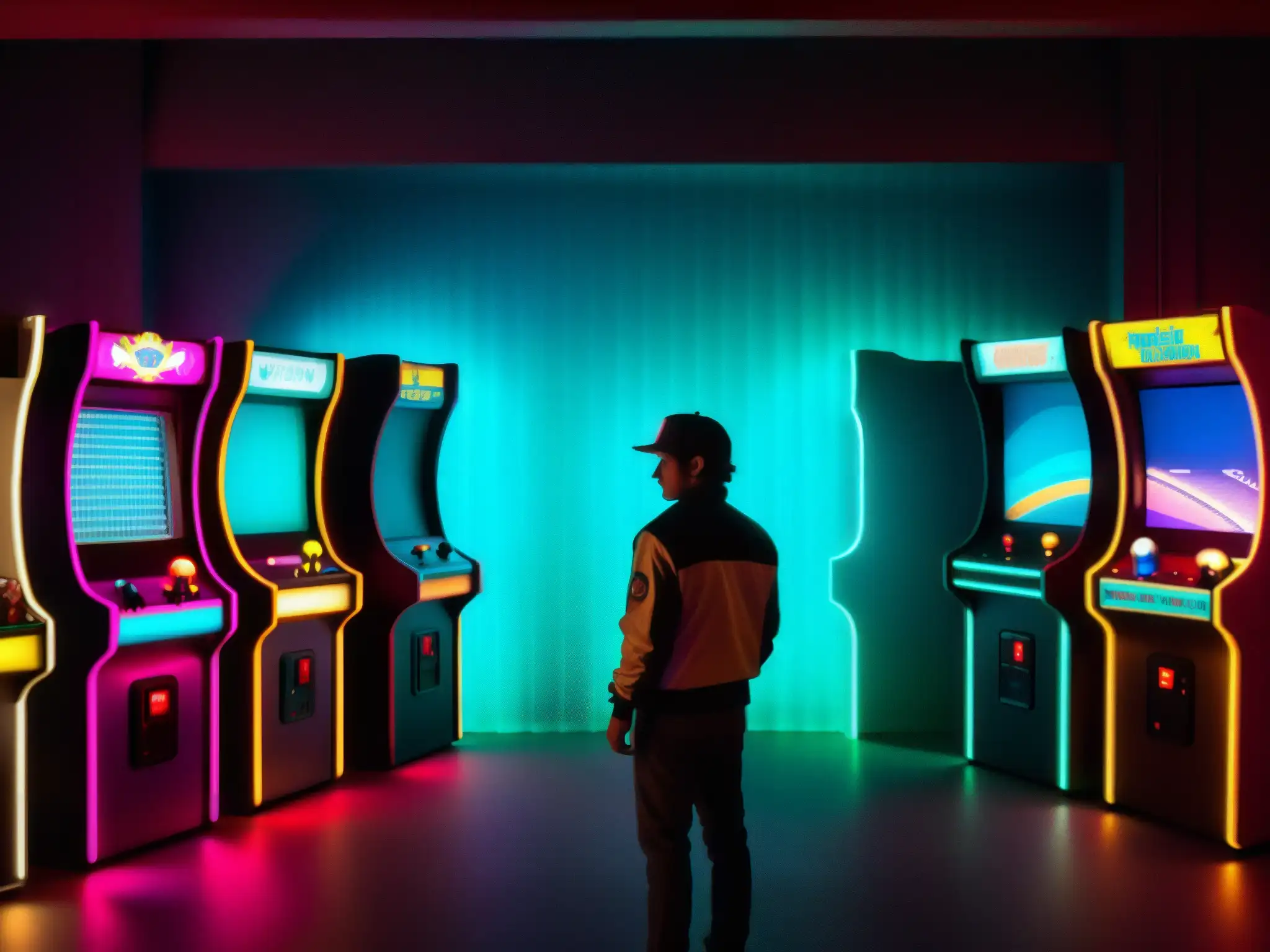 En una sala de juegos con luces tenues, una figura misteriosa se para frente a la máquina arcade Polybius