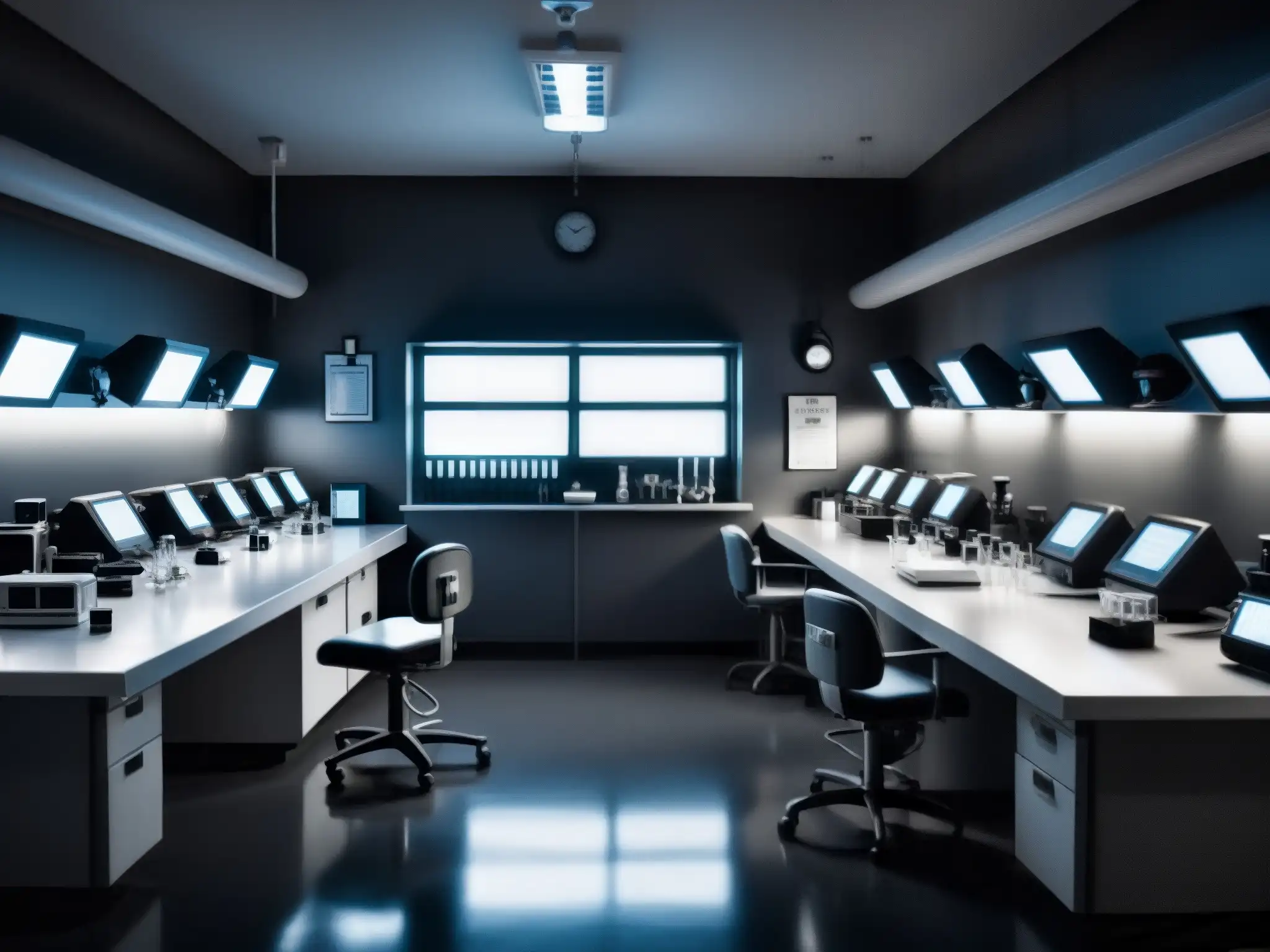 Una sala de laboratorio sombría y misteriosa con equipo médico antiguo y monitores