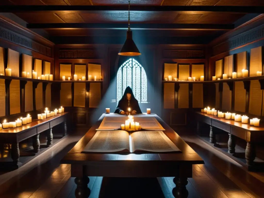 En una sala misteriosa, con una mesa llena de textos antiguos, artefactos misteriosos y velas titilantes
