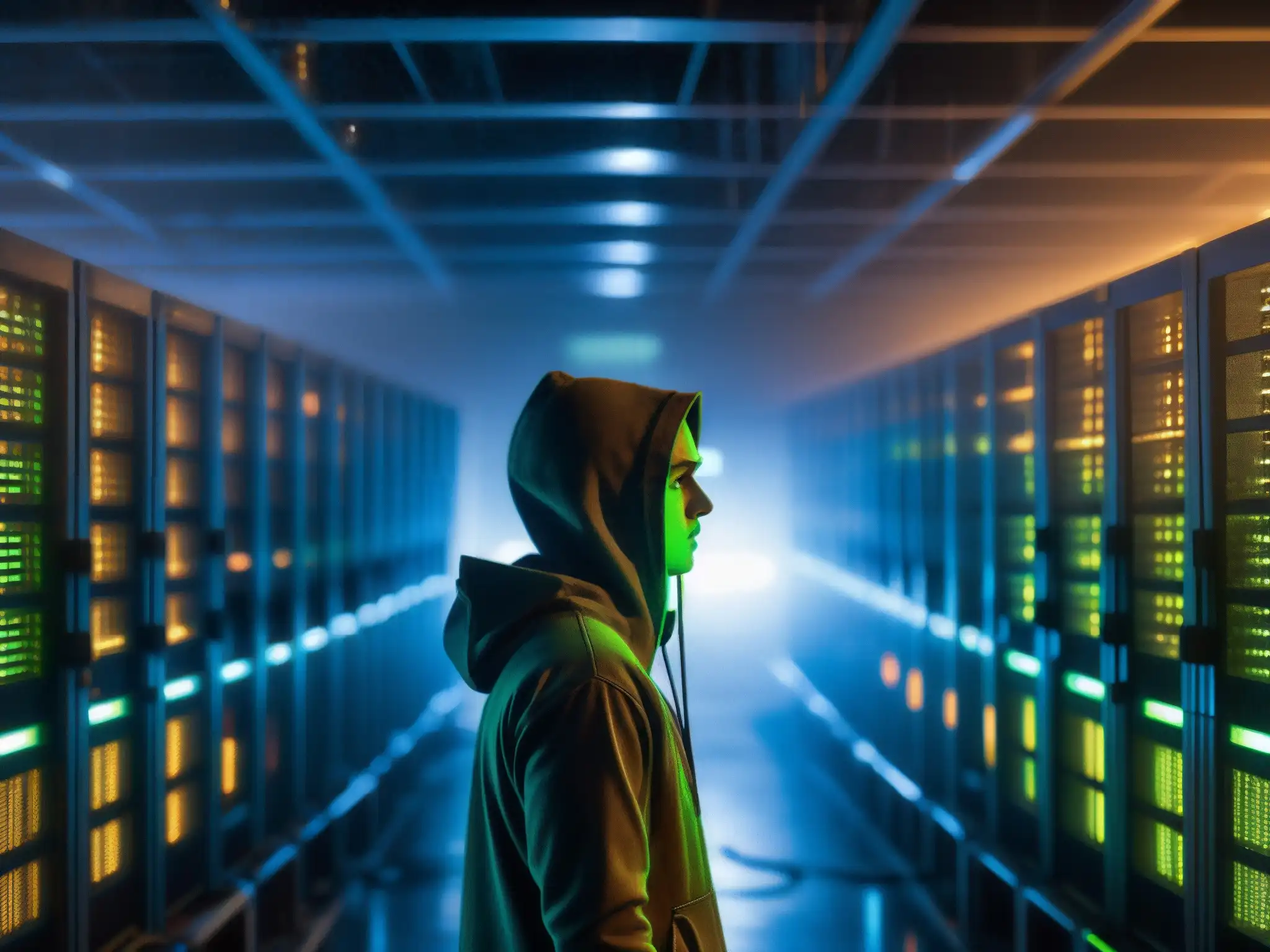 Una sala de servidores abandonada y tenebrosa, con luces parpadeantes y cables enredados, evocando leyendas urbanas de hackers y fantasmas en la red