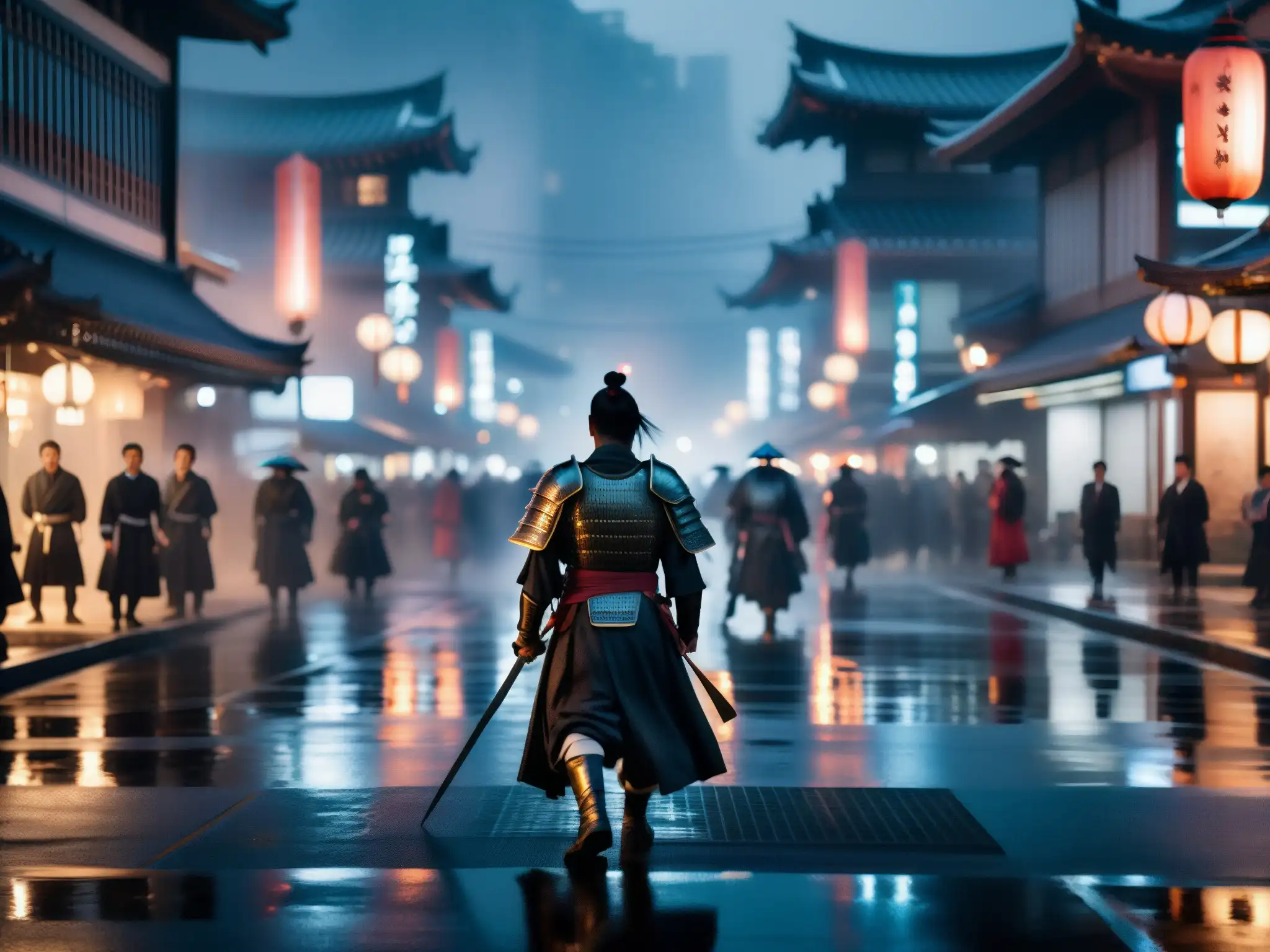 Un samurái ancestral vaga entre la ciudad moderna, evocando misterio y tradición