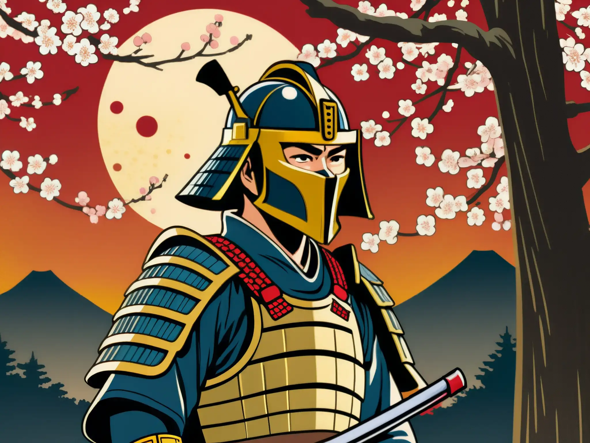 Un samurái sin cabeza emerge entre las leyendas urbanas, sosteniendo su katana manchada de sangre bajo un cálido atardecer entre los cerezos en flor