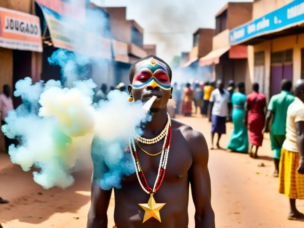 Un sanador local realiza un ritual tradicional en una concurrida calle de Ouagadougou, rodeado de espectadores curiosos