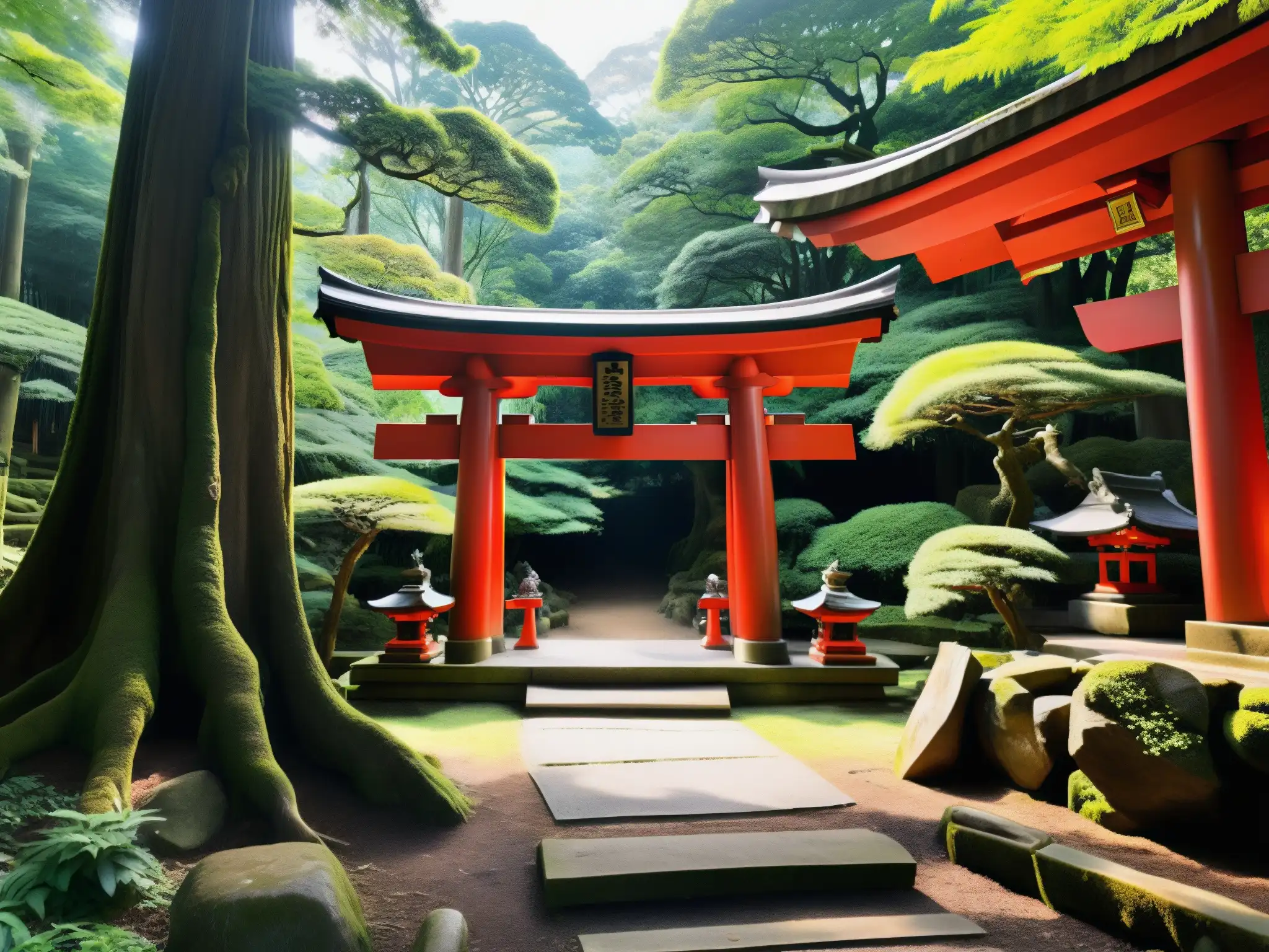 Un santuario Tengu en un bosque exuberante con puertas Torii rojas