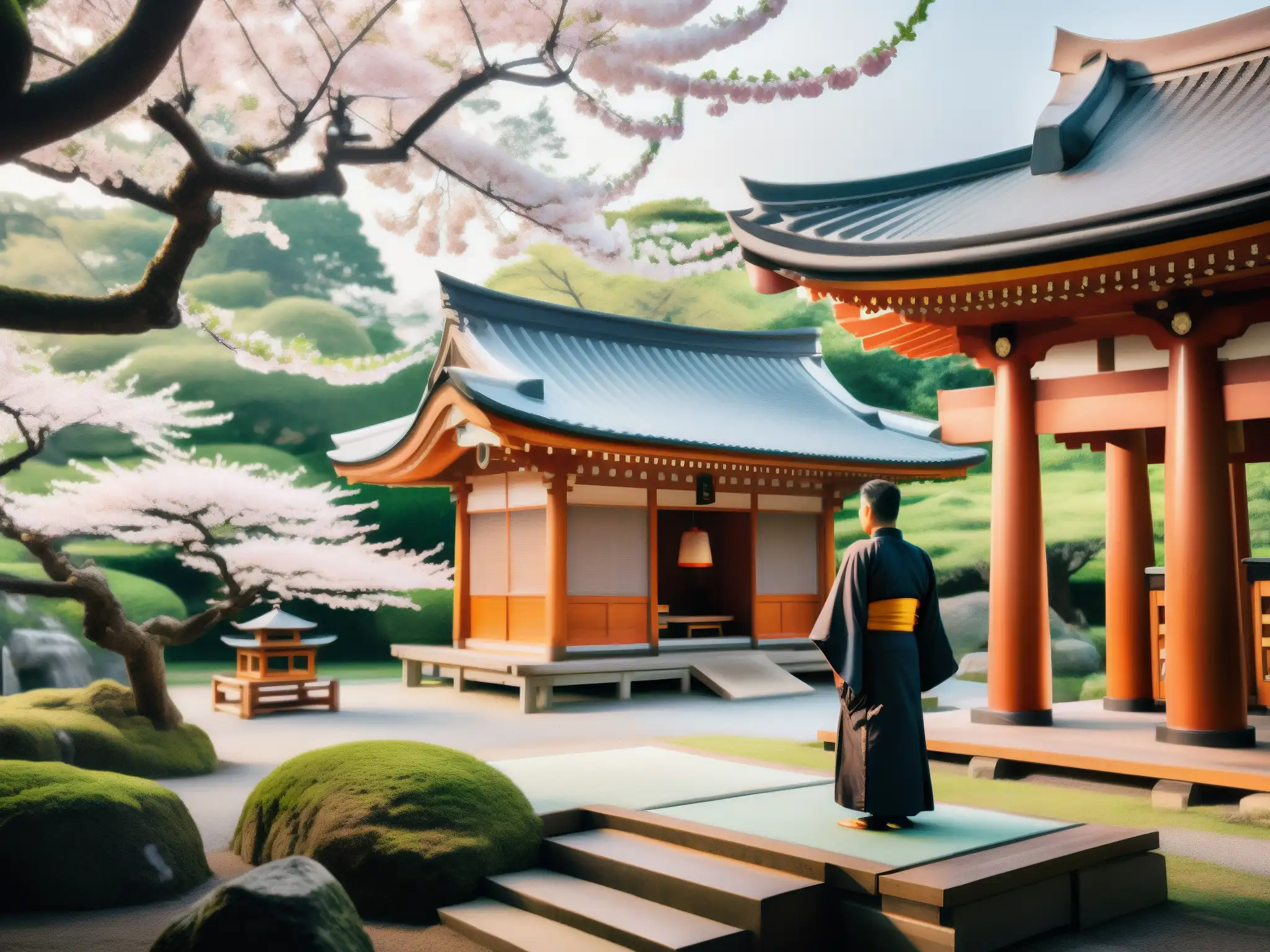 Un santuario japonés con arquitectura de madera rodeado de naturaleza exuberante y espíritus servidores en el ocultismo japonés