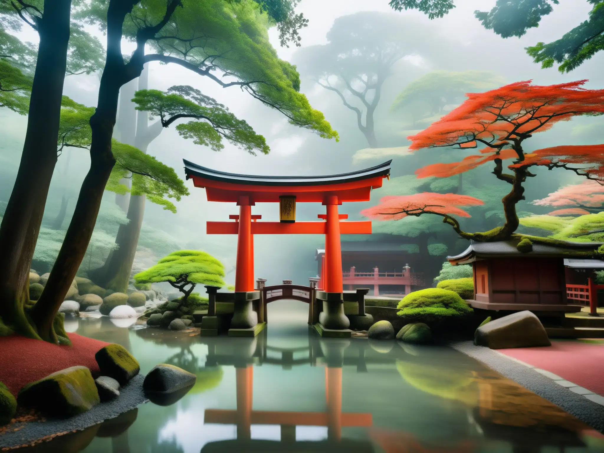 Un santuario shintoísta en un bosque sereno, con un torii carmesí en la entrada