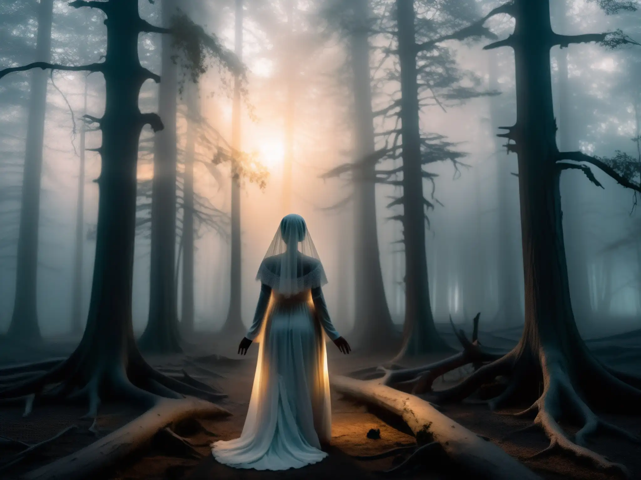 La Sayona mitología venezolana: Bosque brumoso al anochecer, figura fantasmal en vestido blanco y velo, irradiando una luz sobrenatural
