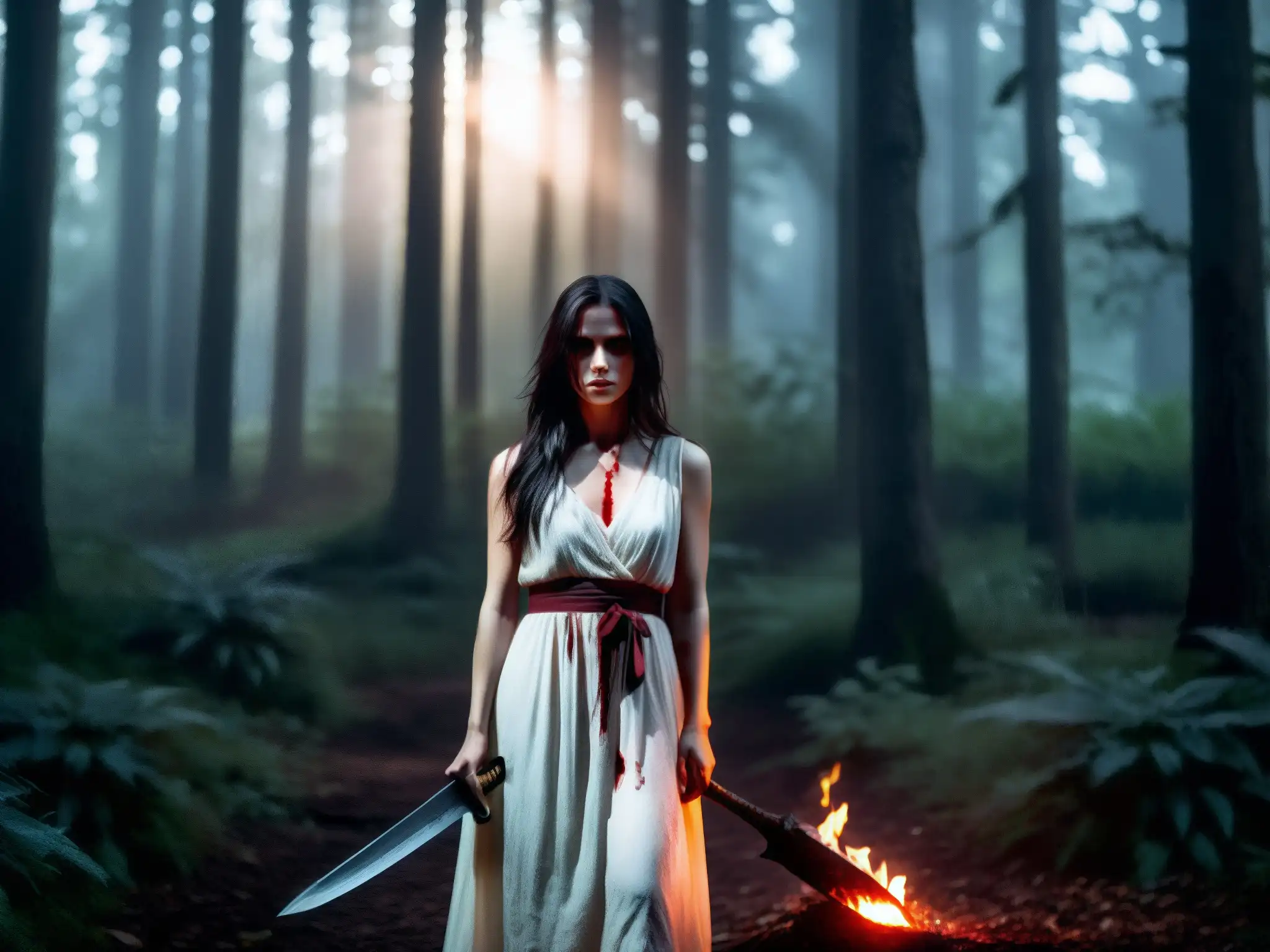 La Sayona, mitología venezolana: una figura sombría de ojos brillantes, en un bosque oscuro con machete ensangrentado, emana furia vengativa