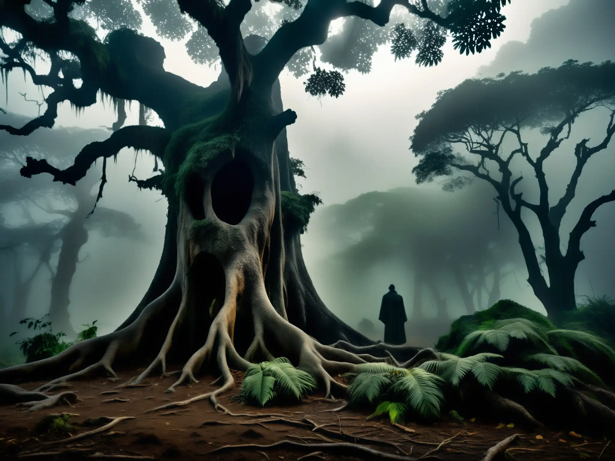 La Sayona mitología venezolana: Imagen misteriosa de un bosque neblinoso y sombrío en Venezuela, con una figura fantasmal entre los árboles