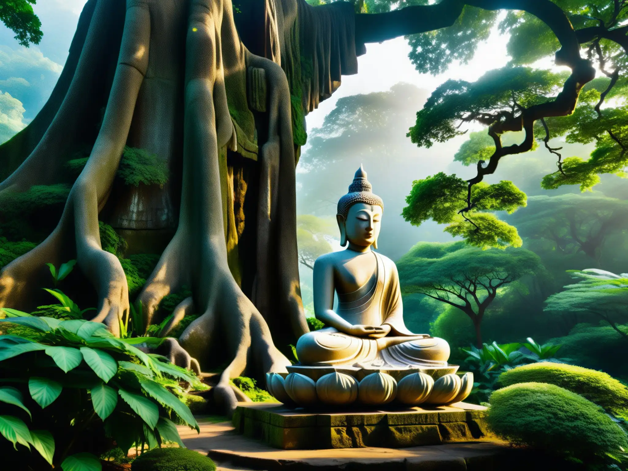 El Secreto de la Estatua Ksitigarbha: una majestuosa estatua de piedra entre un bosque exuberante, bañada por la suave luz del sol entre las hojas